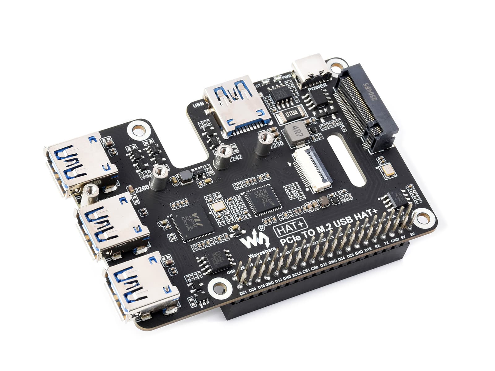 PCIe для USB 3.2 Gen 1 и M.2 HAT для Raspberry Pi 5, поддерживает твердотельный накопитель по протоколу NVMe, расширяет 4-канальные порты USB 3.2, высокоскоростное чтение/запись, стандарт HAT+ — фото 2