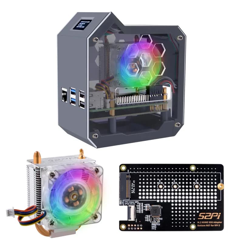 Комплект корпуса 52Pi из ABS для Raspberry Pi 5, с N07 PCIe M.2 M-Key NVMe SSD, нижней платой периферийных устройств PCIe и OLED-охладителем Ice Tower для Raspberry Pi 5