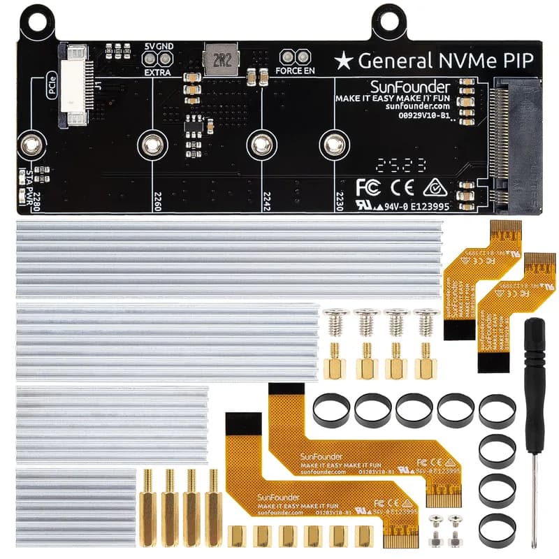 SunFounder PCIe to M.2 HAT M-Key NVMe SSD Плата PIP PCIe 2/3 для Raspberry Pi 5 2/4/8/16 ГБ Поддержка SSD M.2 2230/2242/2260/2280, радиатор в комплекте, совместимость с сенсорным экраном 3,5/5/7/10 дюймов
