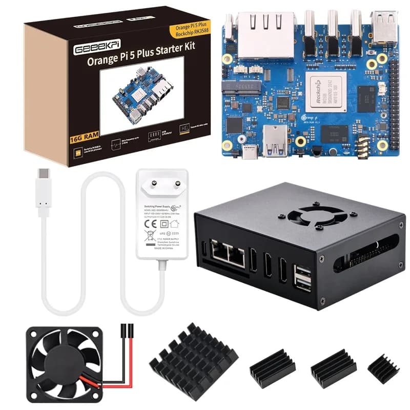 Orange Pi 5 Plus 16 ГБ LPDDR4/4x Rockchip RK3588 8-ядерный 64-битный одноплатный компьютер с разъемом eMMC, металлический корпус OPi 5 Plus, официальный блок питания Orange Pi 5V 4A, 40-мм вентилятор для Orange Pi 5